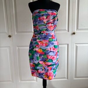 Vintage 80s AJ Bari Strapless Dress Multicolor Floral Tropical Print